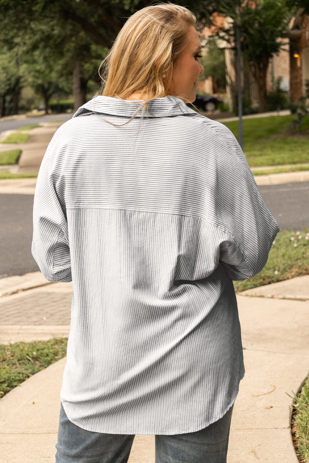 Rolled Tab Sleeve Buttoned Plus Size Shirt | White Stripe