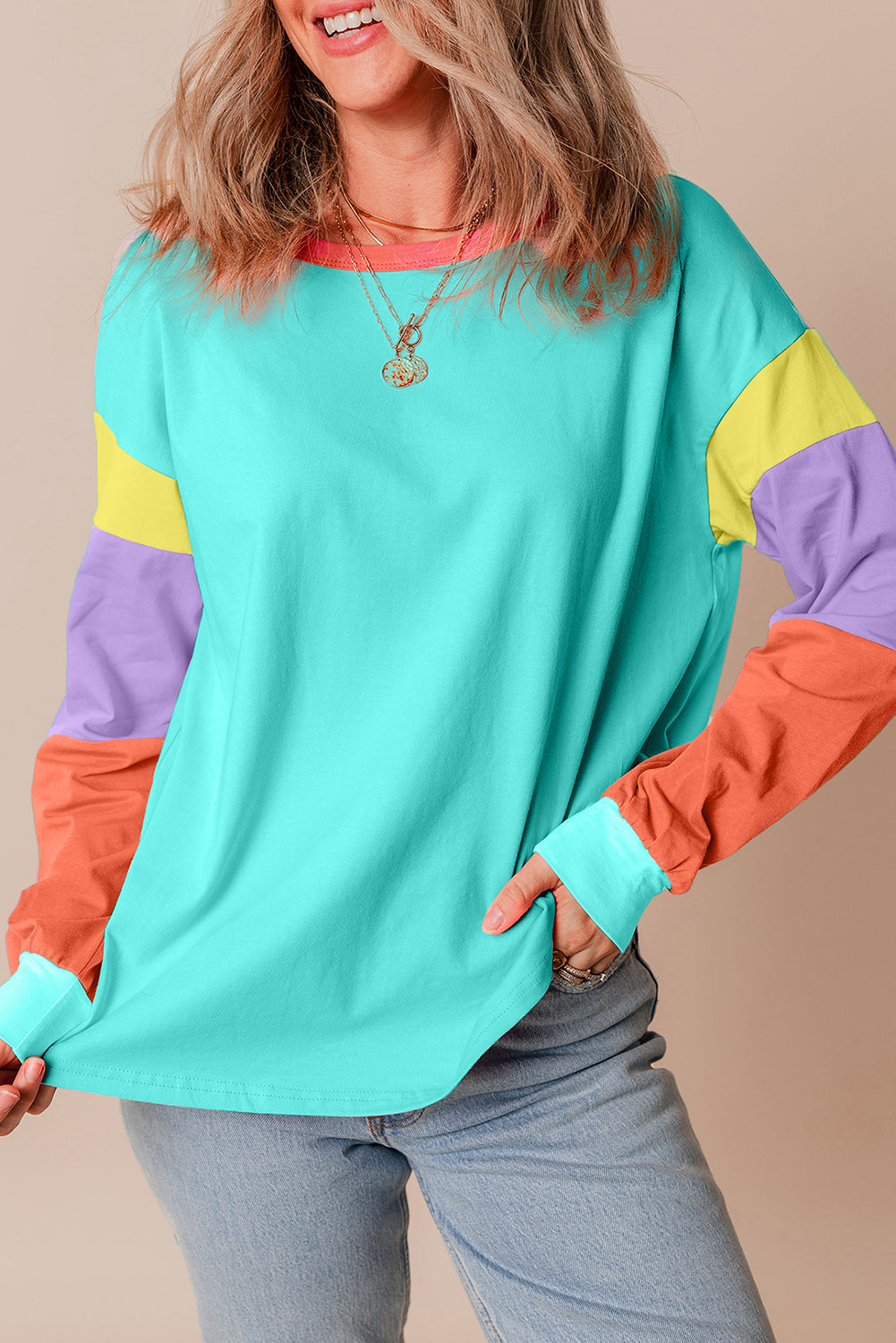 Colourblock Patchwork Long Sleeve Loose Top | Light Blue