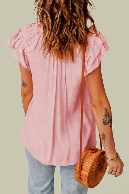 Tiered Ruffled Drawstring V Neck Top | Pink