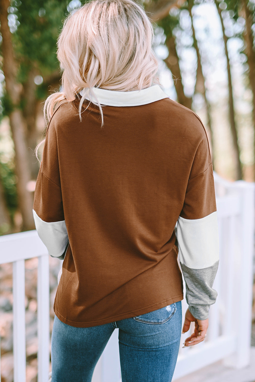 Turn-Down Collar Colourblock Pullover Sweatshirt | Brown