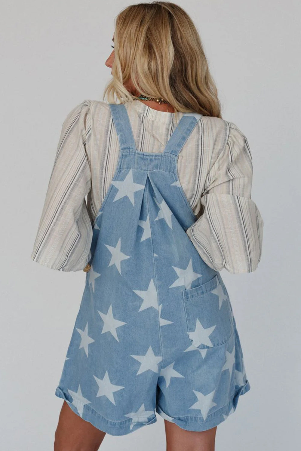 Star Printed Buttoned Straps Pocketed Denim Romper | Light Blue