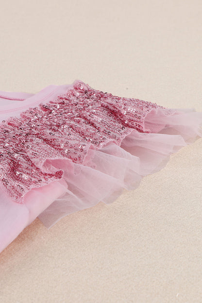 Sequined Ruffle Mesh Sleeves Top | Pink