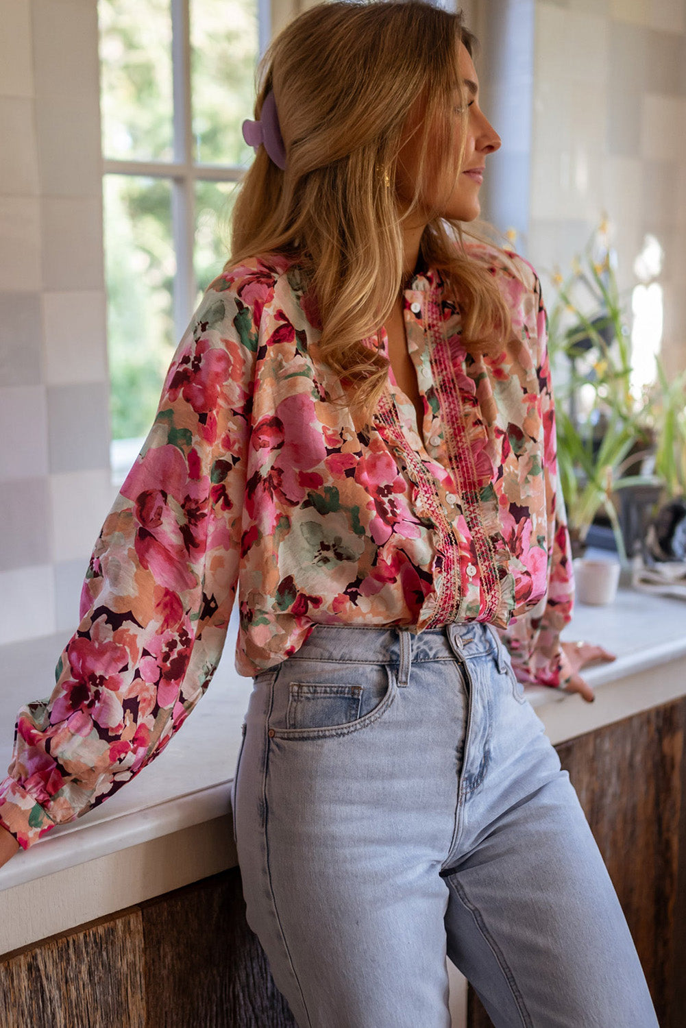 Floral Print Ruffled Stitch Buttoned Loose Fit Shirt | Red