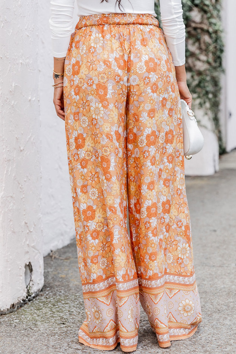 Tie Waist Boho Floral Wide Leg Pants | Grapefruit Orange