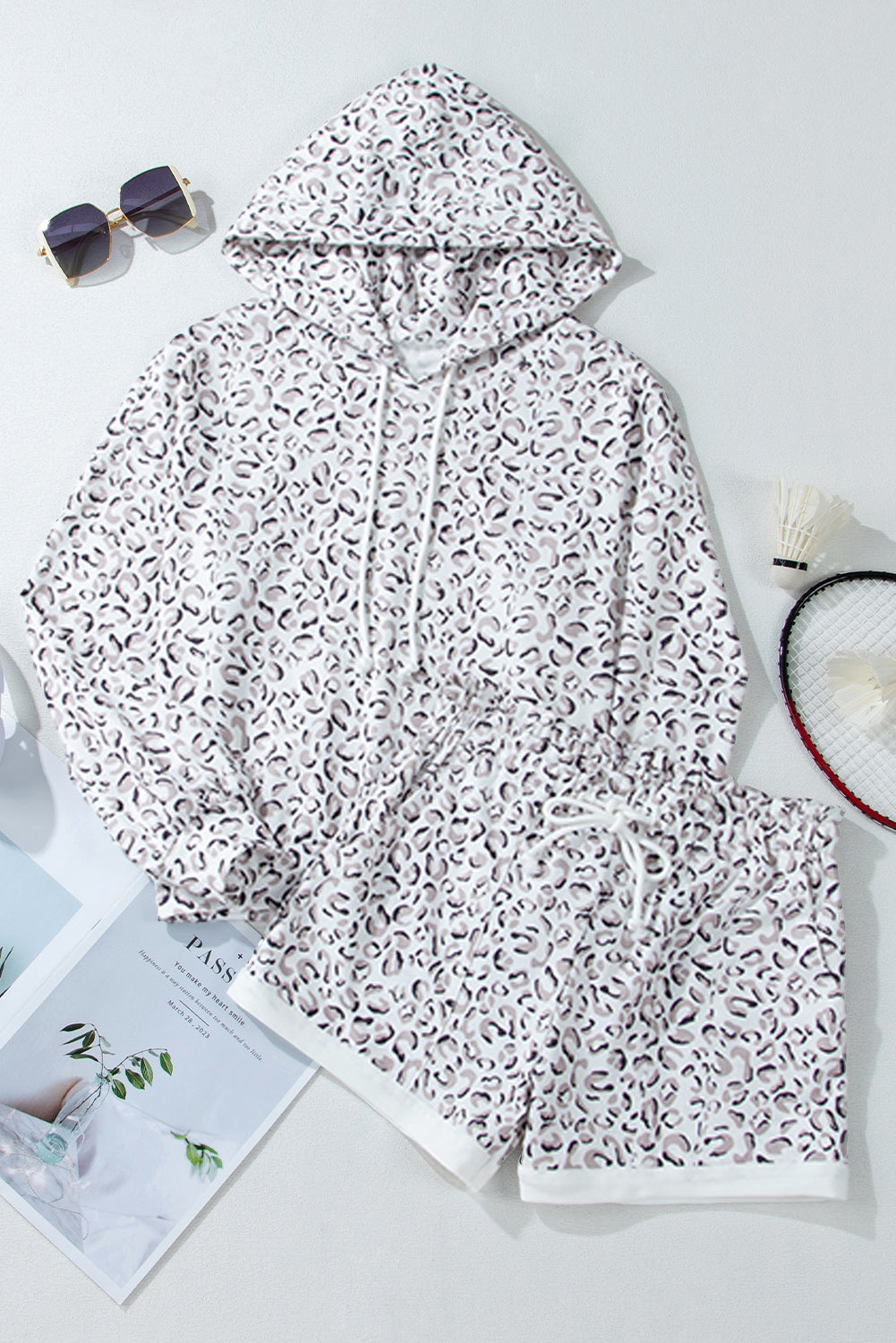 Classic Leopard Hoodie And Shorts Set | White