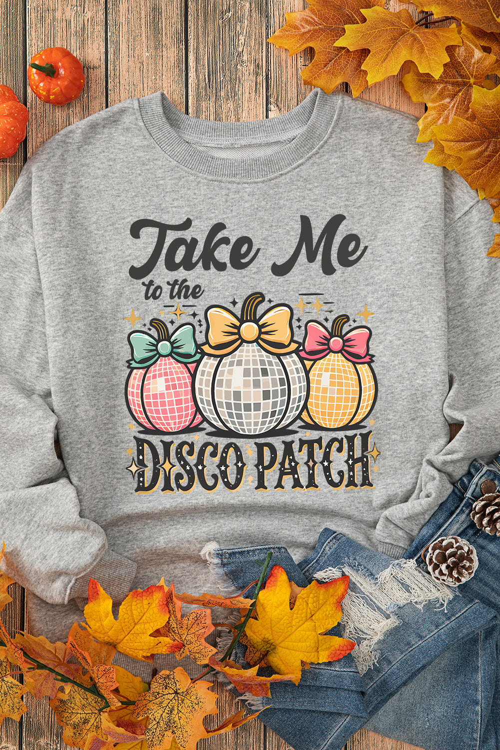 Disco Ball Bowknot Pumpkin Graphic Crewneck Sweatshirt | Gray