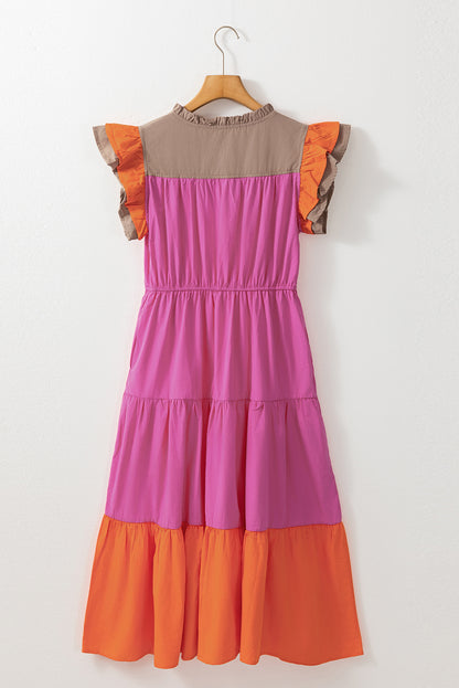 Colour Block Tiered Notched Neck Ruffle Sleeve Dress | Bonbon