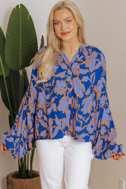 Floral Print Batwing Sleeve Buttoned Loose Fit Shirt | Blue