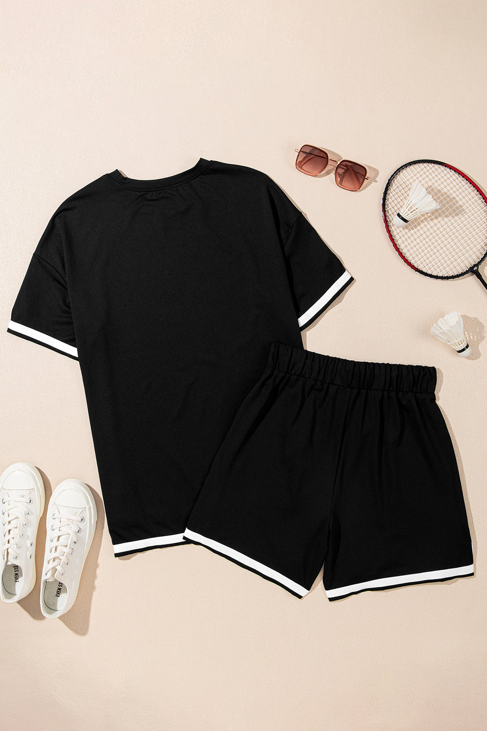 Contrast Trim Tee And Shorts Set | Black