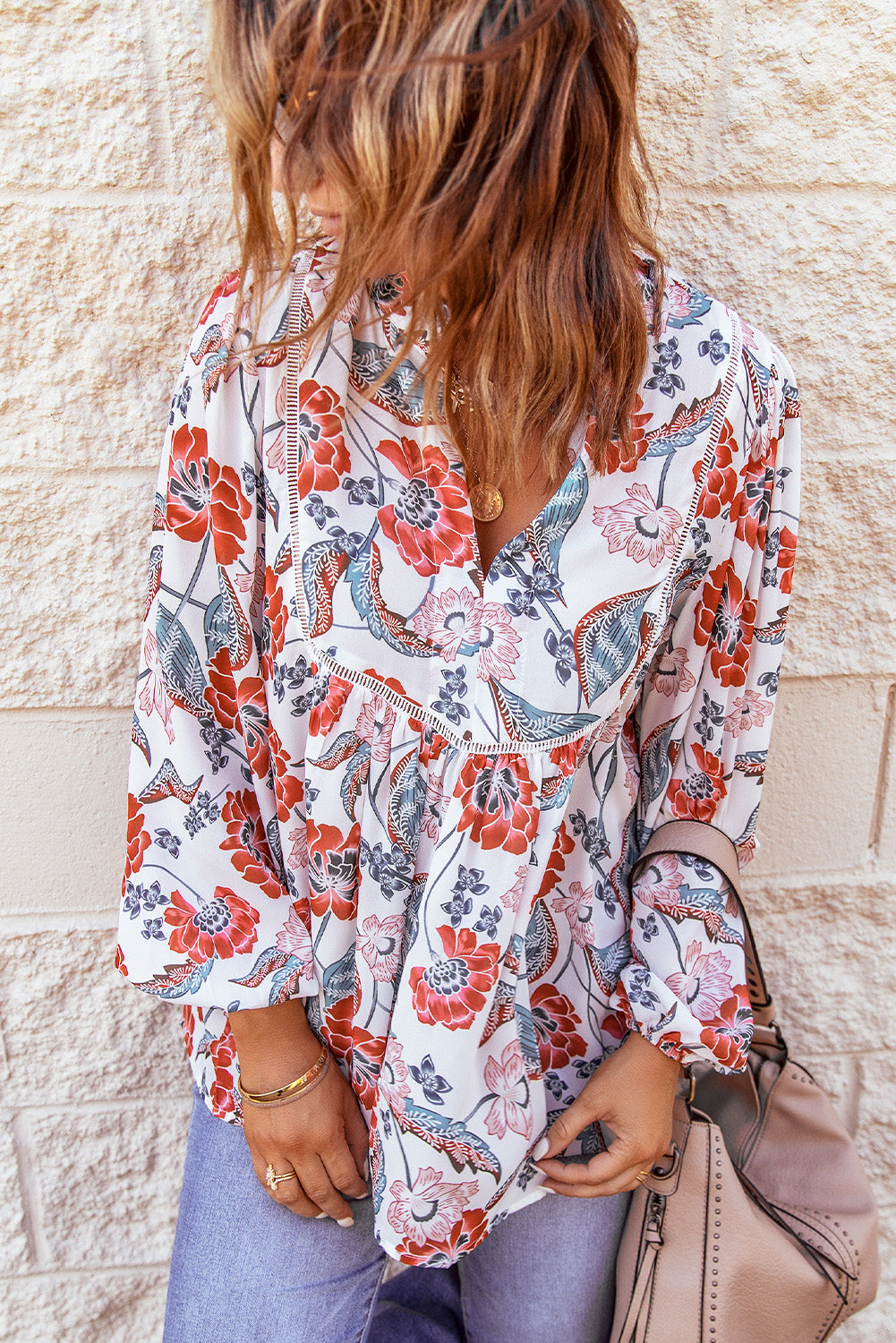 Fiery Red Split Neck Bubble Sleeve Floral Patchwork Blouse