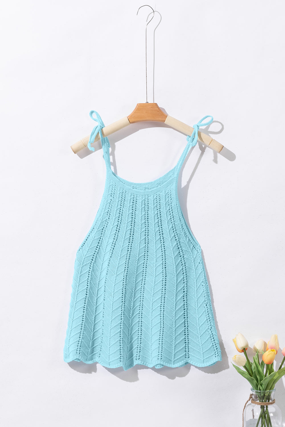 Tied Shoulder Pointelle Knit Tank Top | Beau Blue