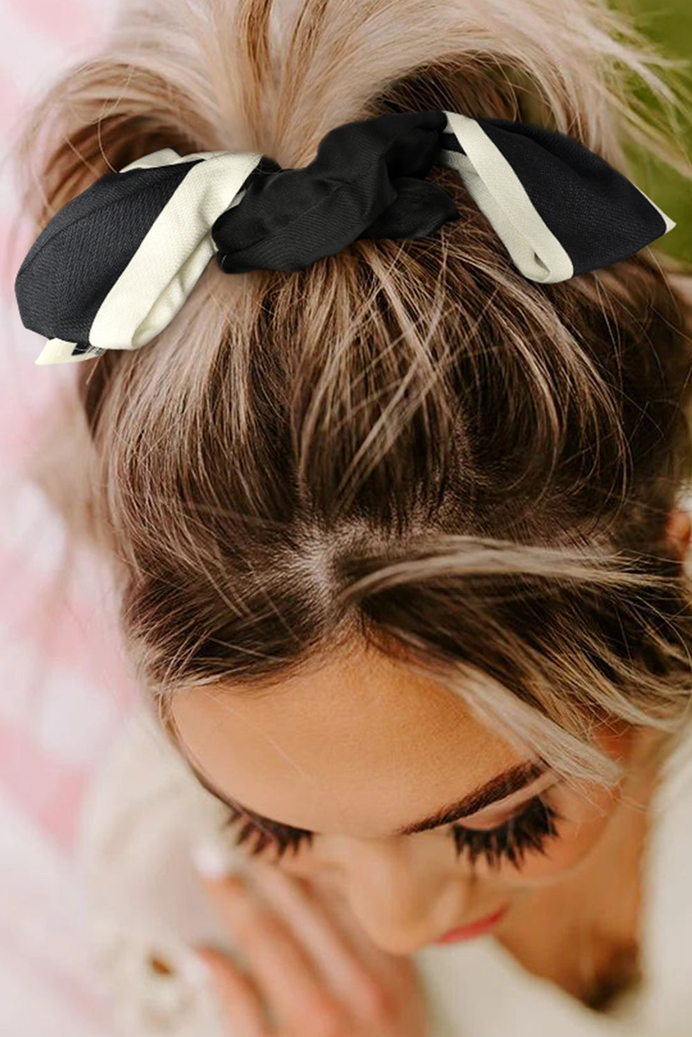 Colour Black Contrast Trim Satin Bow Knot Hair Scrunchie | Colour black