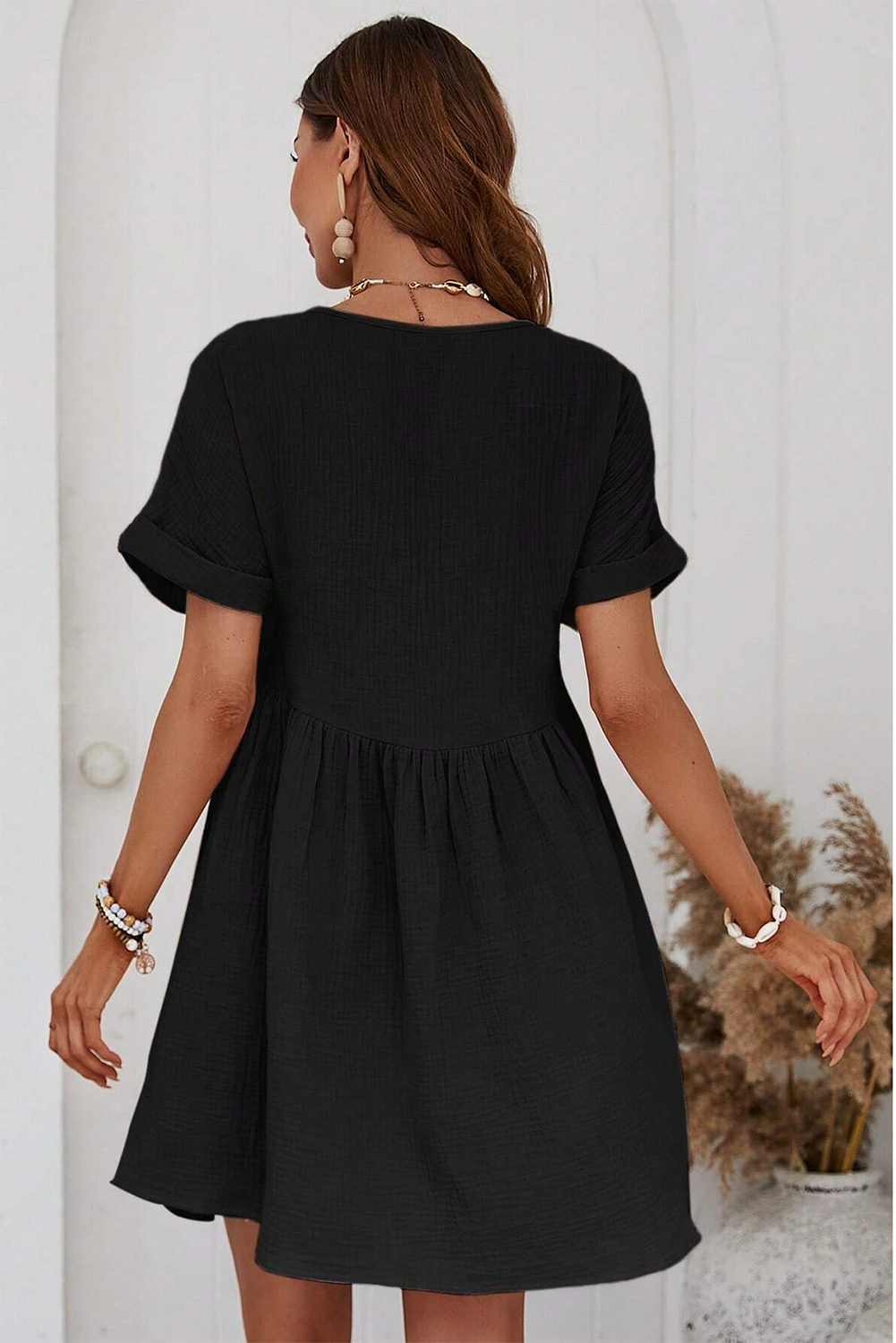 Folded Short Sleeve Lace V Neck Mini Dress | Black