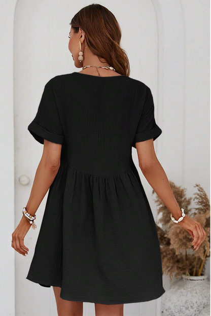 Folded Short Sleeve Lace V Neck Mini Dress | Black