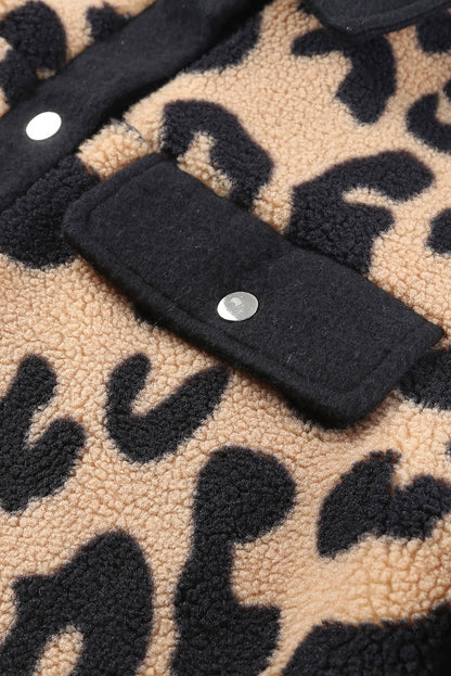 Contrast Trimmed Leopard Teddy Shacket | Black