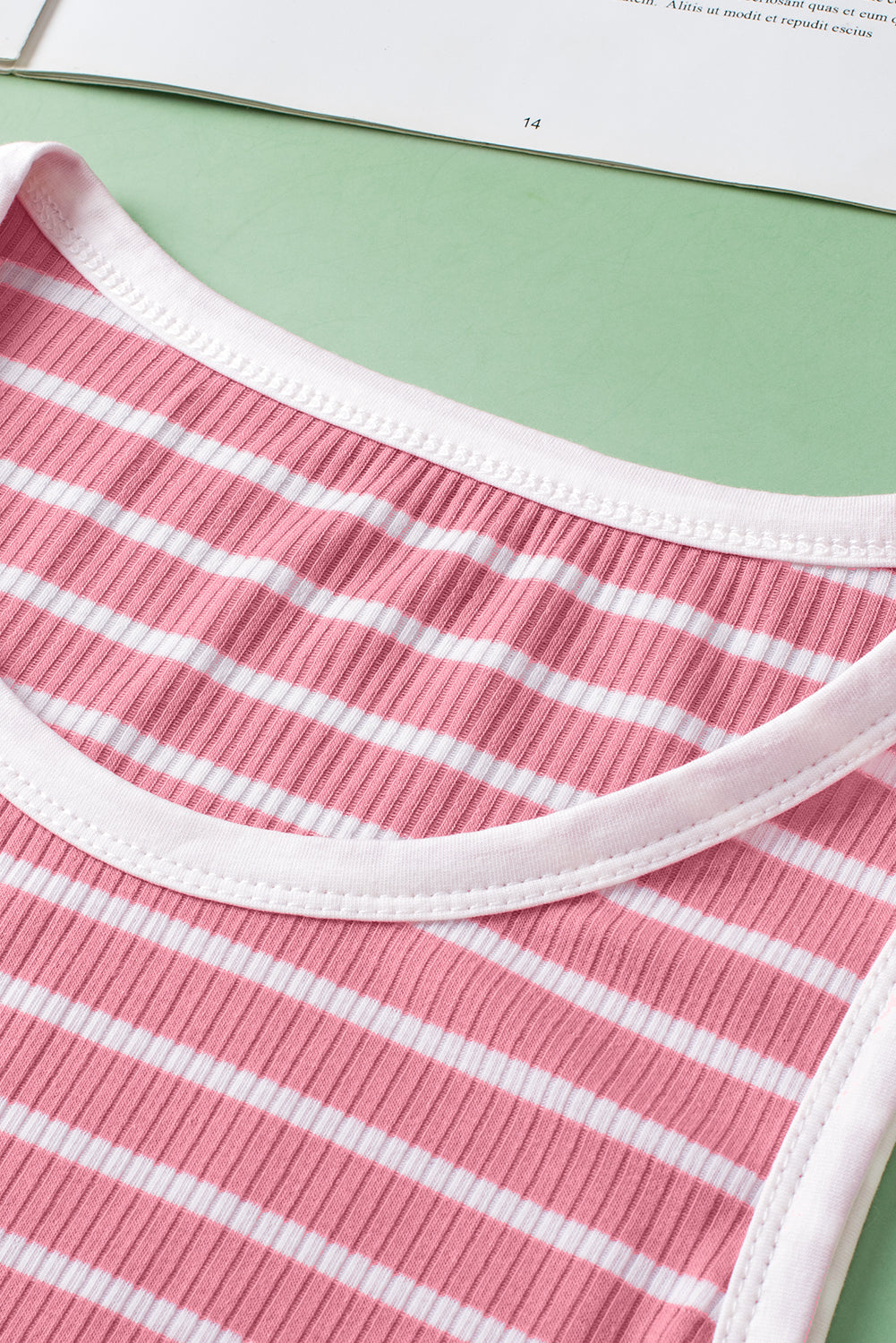 Contrast Round Neck Sleeveless Slim Top | Pink Stripe