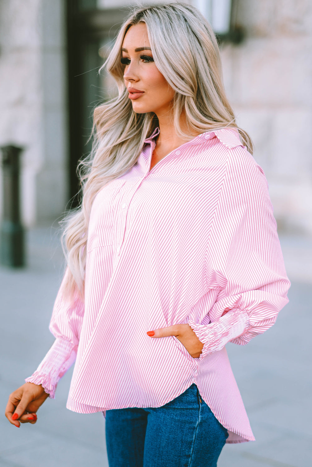 Smocked Cuffed Striped Boyfriend Shirt With Pocket | Pink