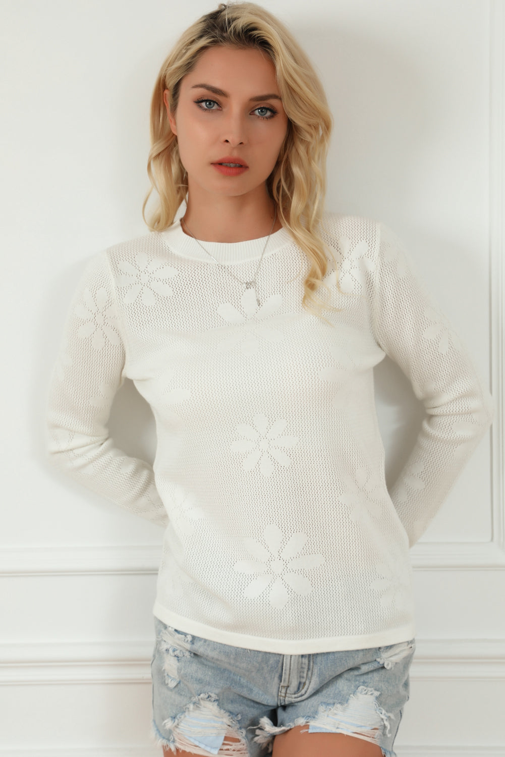 Flower Knit Long Sleeve Sweater | White