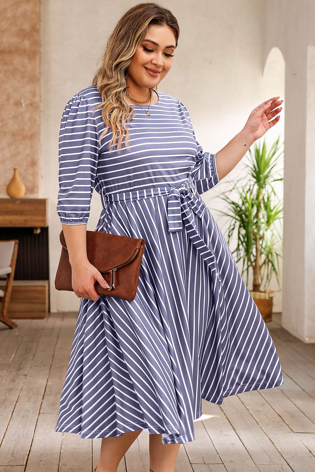 Striped Tie Waist 3/4 Sleeve Plus Size Dress | Gray