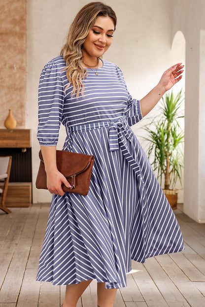 Striped Tie Waist 3/4 Sleeve Plus Size Dress | Gray