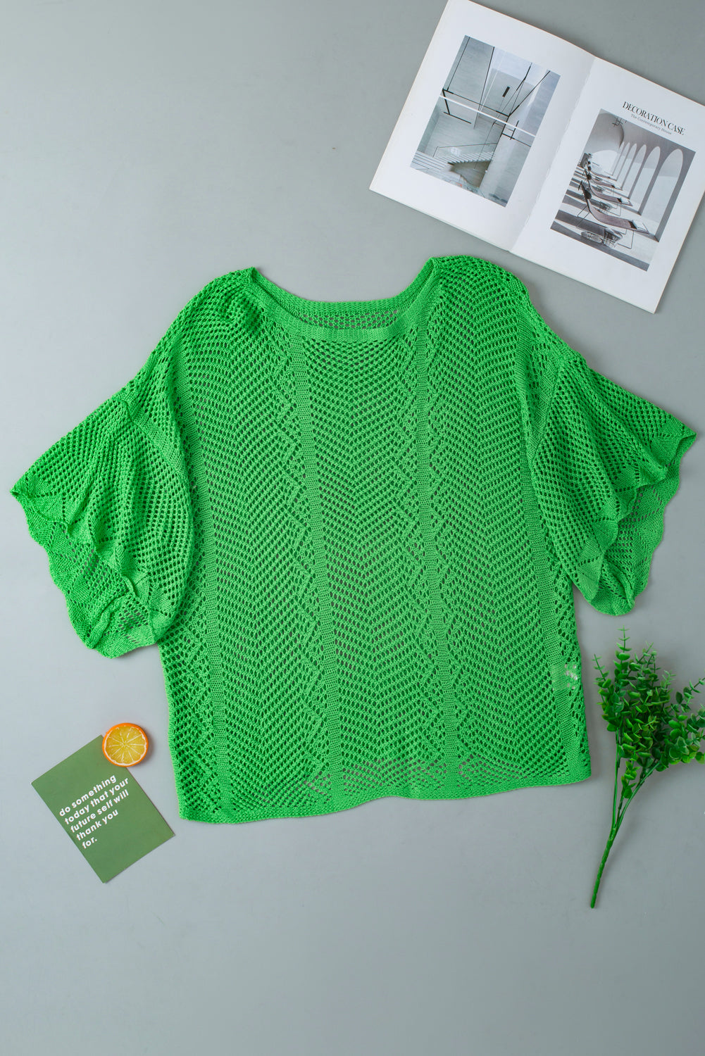 Pointelle Knit Scallop Edge Short Sleeve Top | Green