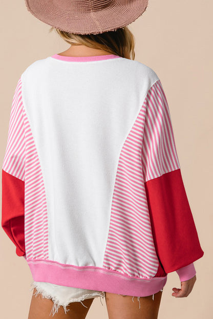 Striped Patchwork Batwing Sleeve Pocketed Sweatshirt | Rose Red