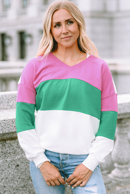 Ribbed V Neck Colour Block Patchwork Sweatshirt | Pink