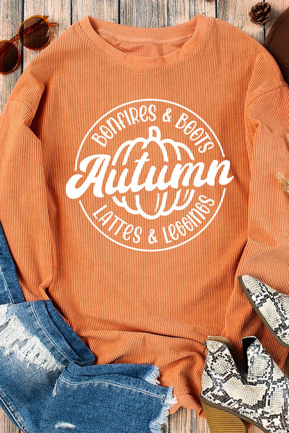 Autumn Pumpkin Graphic Print Corded Oversized Sweatshirt | Orange