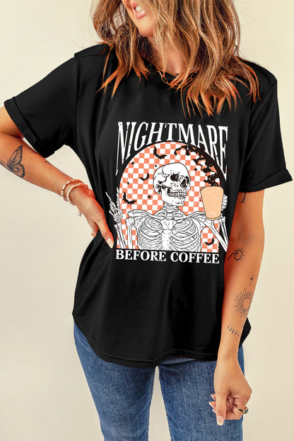 Nightmare Before Coffee Skull Checkerboard Graphic Halloween Tee | Black