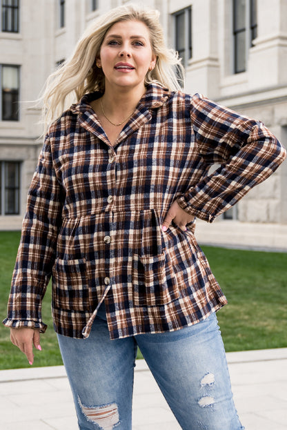 Plaid Print Button-Up Turn Down Collar Plus Size Coat | Yellow