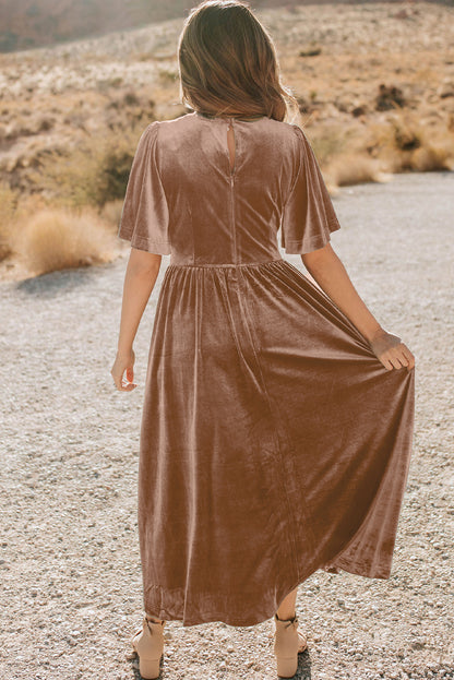 Velvet Lacy V Neckline Short Sleeve Empire Waist Flowy Maxi Dress | Chestnut