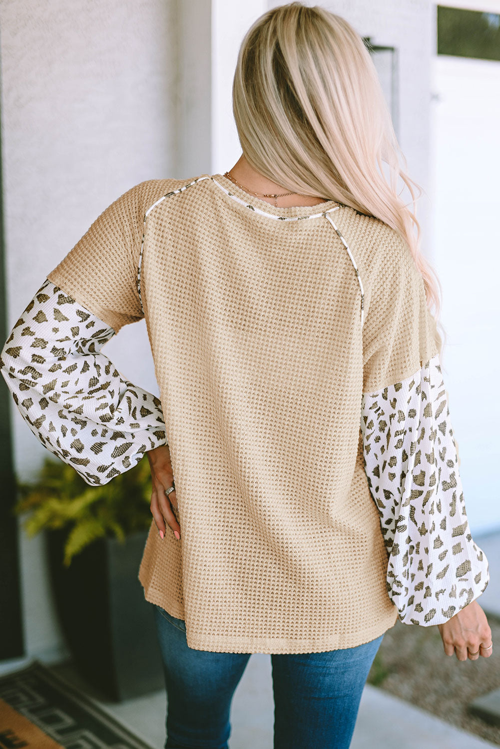 Leopard Print Patchwork Lantern Sleeve Waffle Knit Top | Apricot