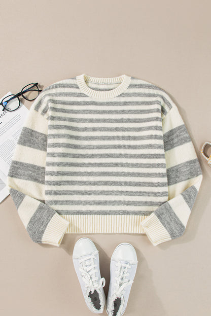 Drop Shoulder Crew Neck Sweater | Gray Stripe