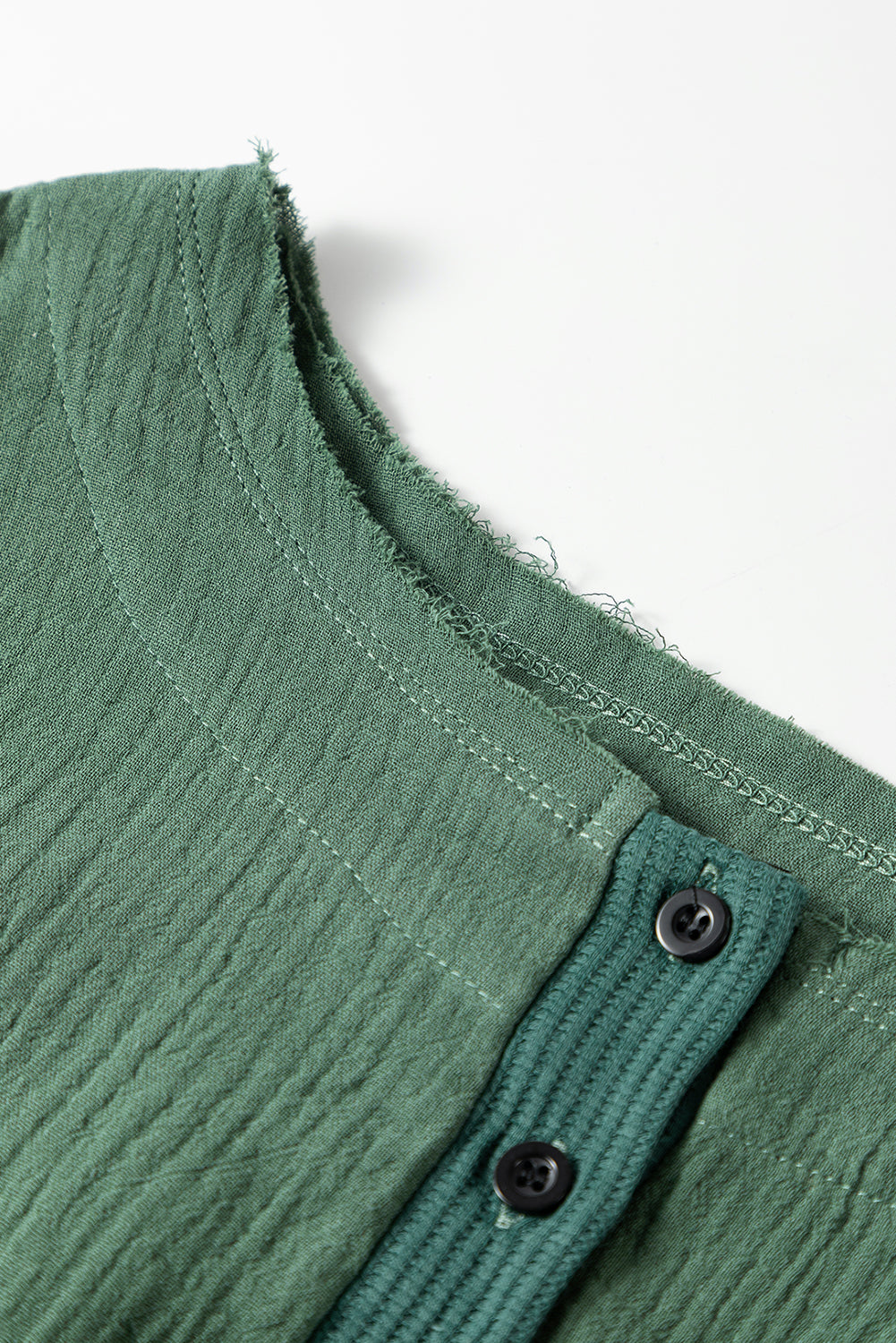 Textured Waffle Knit Patchwork Buttoned Neck Loose Blouse | Green