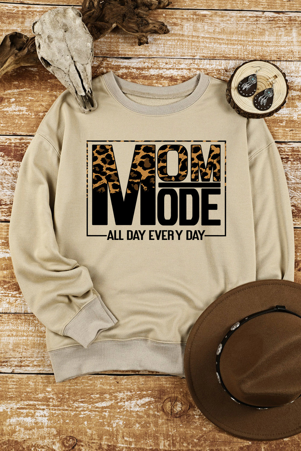 Mom Mode Leopard Print Long Sleeve Sweatshirt | Khaki