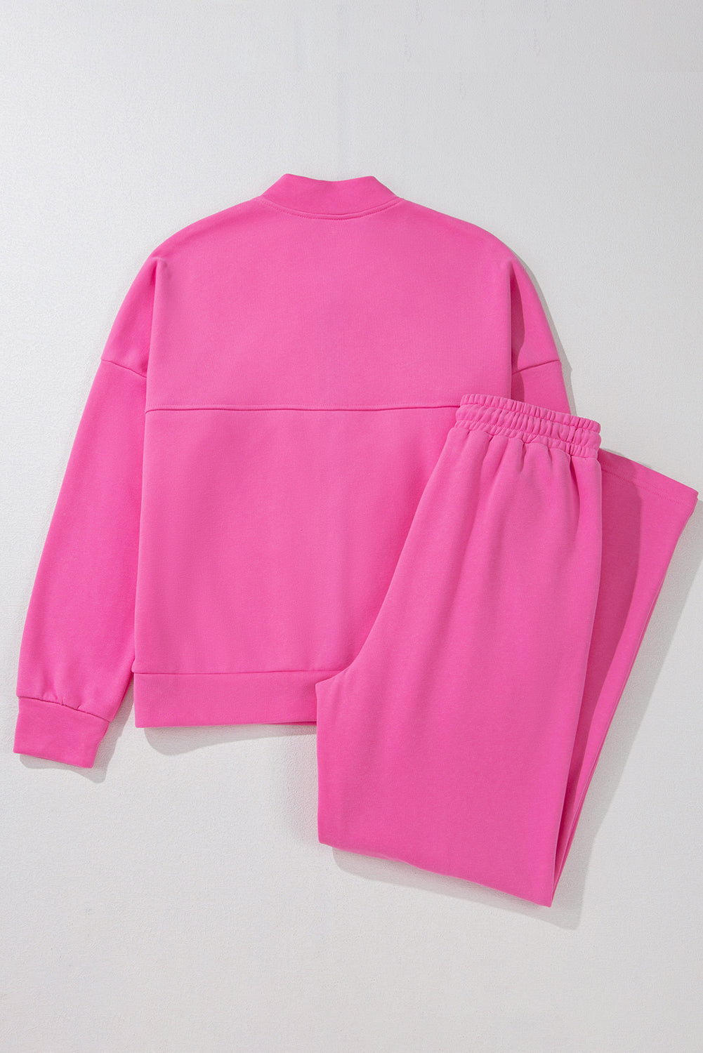 Solid Seamed Zipper Jacket And Drawstring Waist Pants Set | Bright Pink