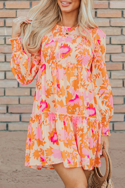 Abstract Print Smocked Lantern Sleeve Ruffle Mini Dress | Orange