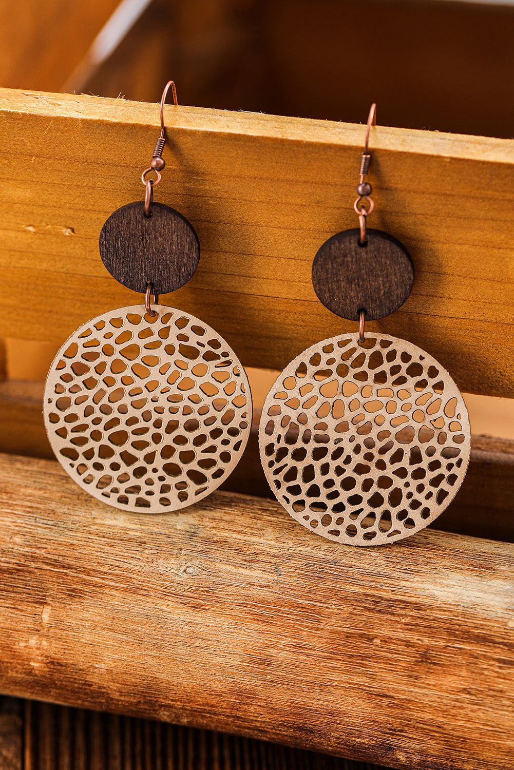 Hollow Out Wooden Round Drop Earrings | Khaki