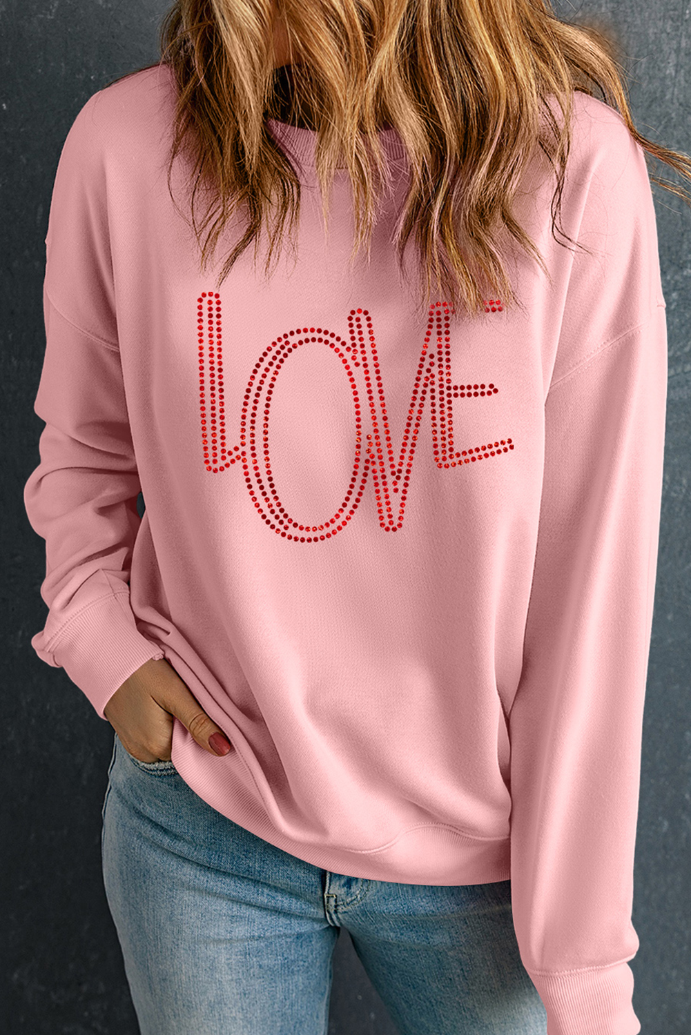 Love Graphic Drop Shoulder Valentines Pullover Sweatshirt | Pink