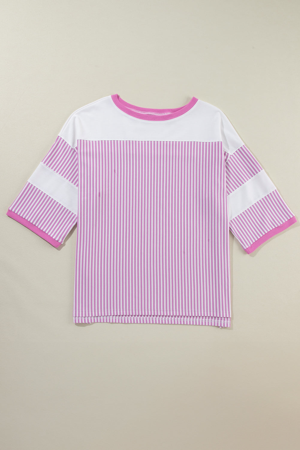 Patchwork Bracelet Sleeve Plus Size T Shirt | Pink Stripe