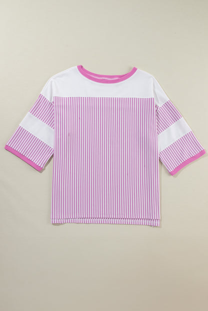 Patchwork Bracelet Sleeve Plus Size T Shirt | Pink Stripe