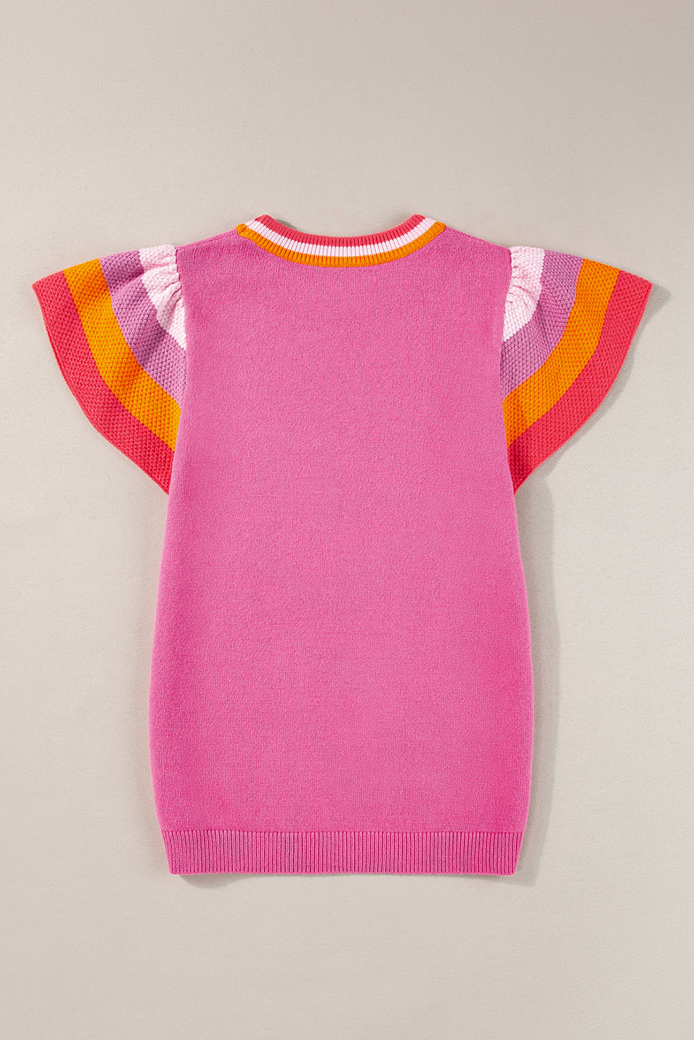 Contrast Flutter Sleeves Knitted Sweater T Shirt | Bright Pink