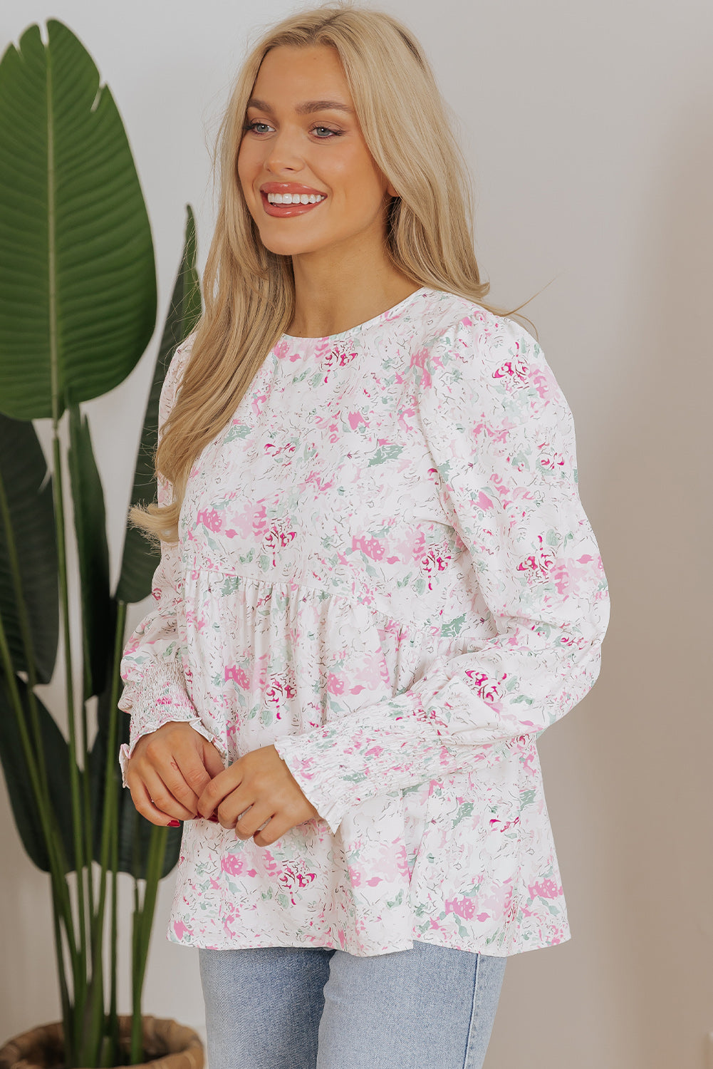 Floral Print Shirred Balloon Sleeve Keyhole Back Babydoll Blouse | Pink