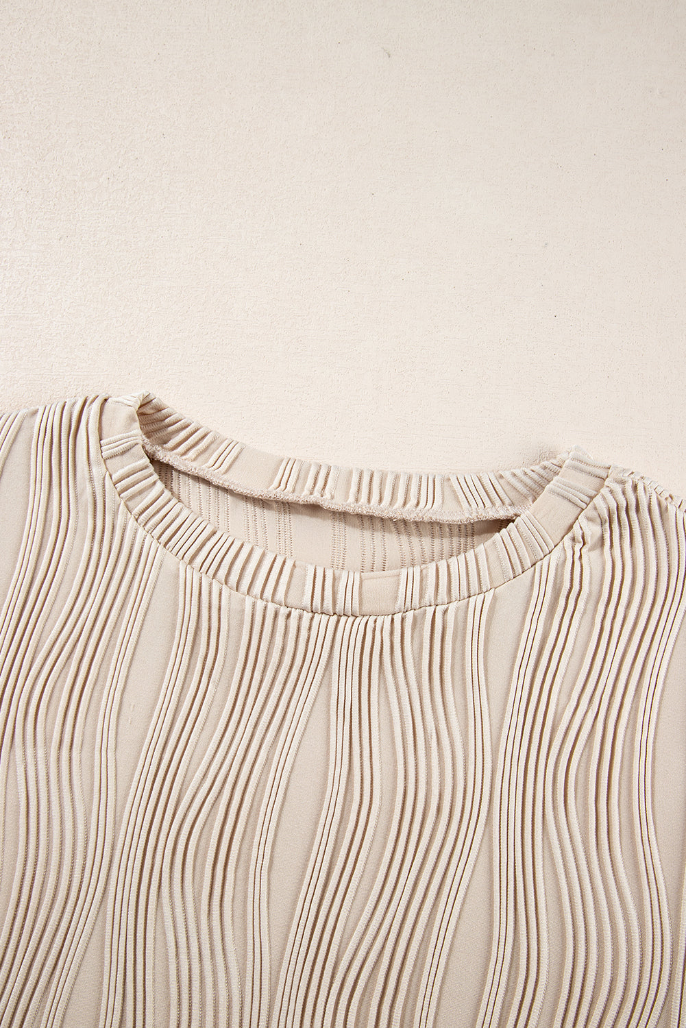 Textured Wavy Round Neck Long Sleeve Top | Apricot