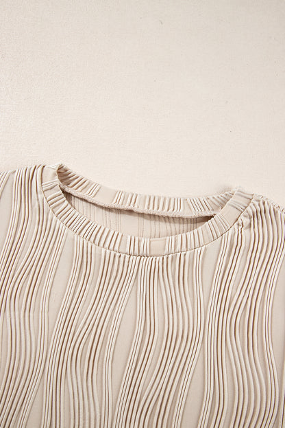 Textured Wavy Round Neck Long Sleeve Top | Apricot