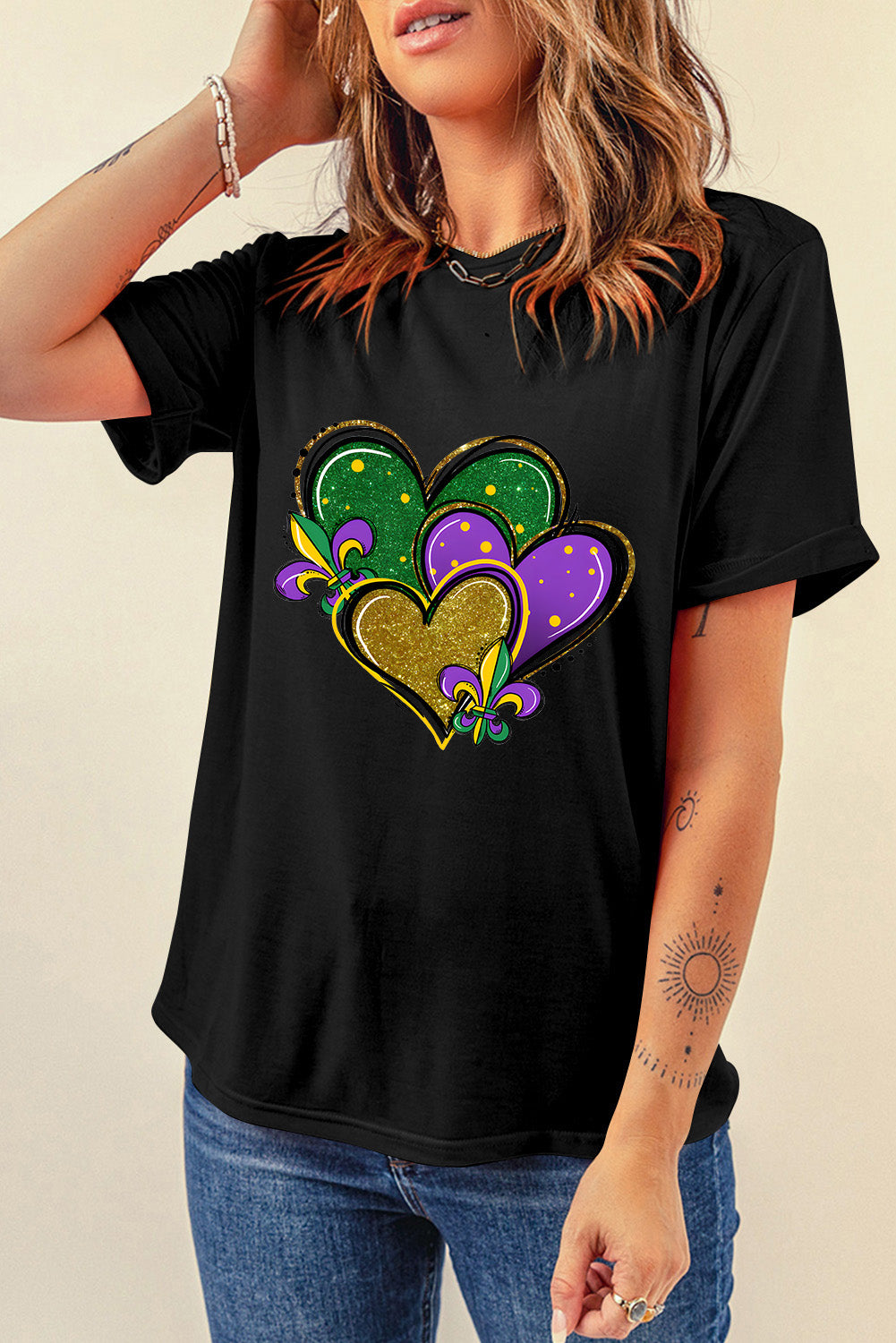 Fleur De Lis Heart Printed Mardi Gras T Shirt | Black