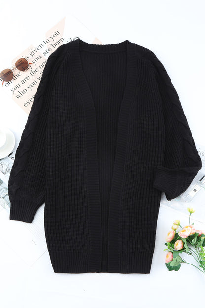 Open Front Cable Sleeve Long Cardigan | Black