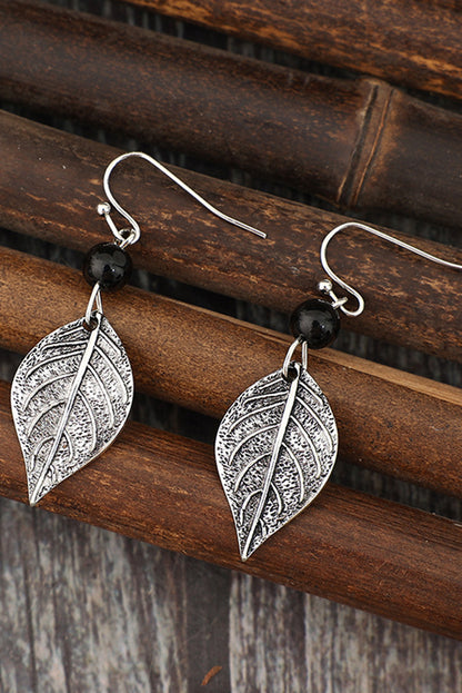 Vintage Leaf Shape Bead Dangle Earrings | Silvery