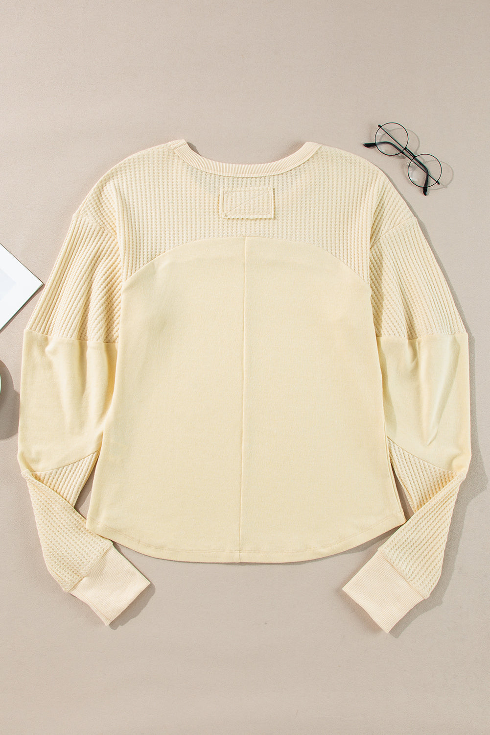 Thermal Knit Patchwork Exposed Seam Long Sleeve Top | Beige