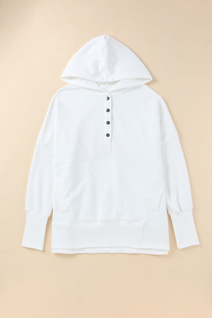 Batwing Sleeve Pocketed Henley Hoodie | White